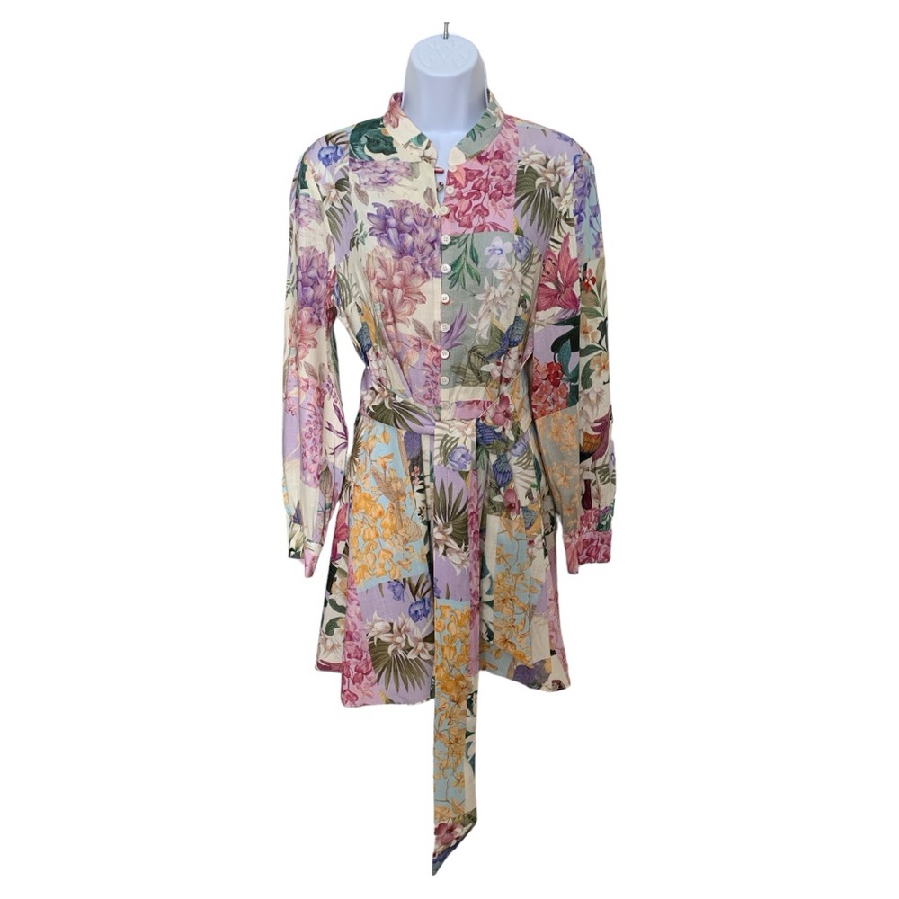 Zara tropical print linen mini dress LS size small